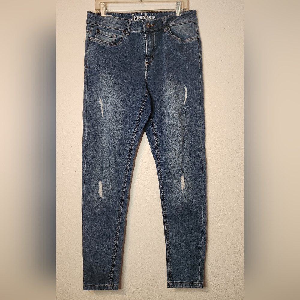 Jeaniologie Women's Mid-Rise Skinny‎ Medium Wash Blue Denim Jeans, Size 10